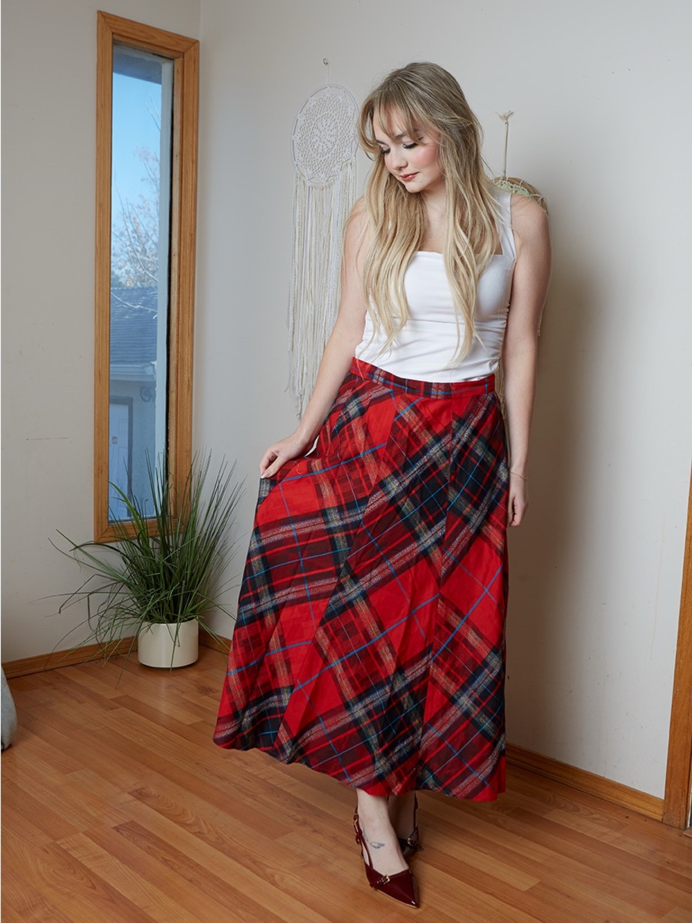 Vintage 80s  Simon Chang Red Plaid Maxi Skirt 12